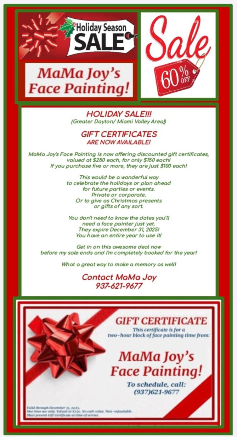 MaMa Joy’s (Miss Joy’s) Face Painting Gift Certificates