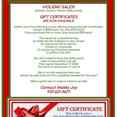 MaMa Joy’s (Miss Joy’s) Face Painting Gift Certificates